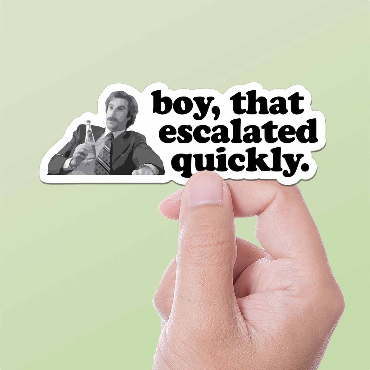 Funny quote sticker with boy character and text 'escalated quickly' held in hand