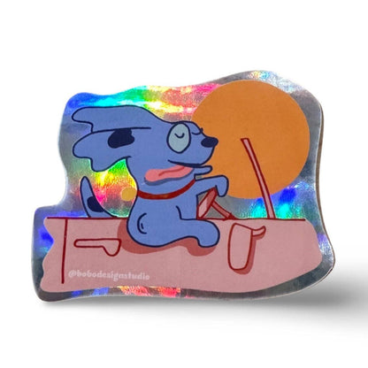 Holographic dog driving sticker, blue dog with goggles holding steering wheel