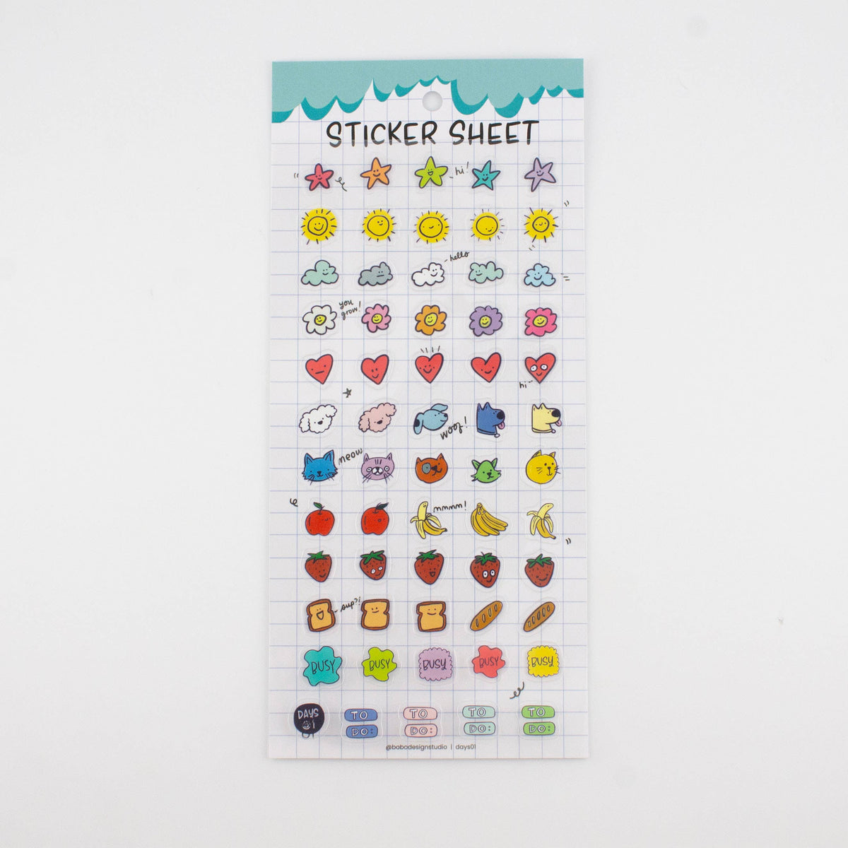Planner sticker sheet featuring colorful suns, stars, clouds, hearts, and animal icons