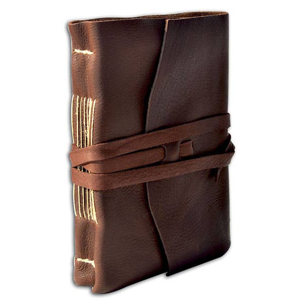 Brown leather wrap journal with matching tie strap and textured cover