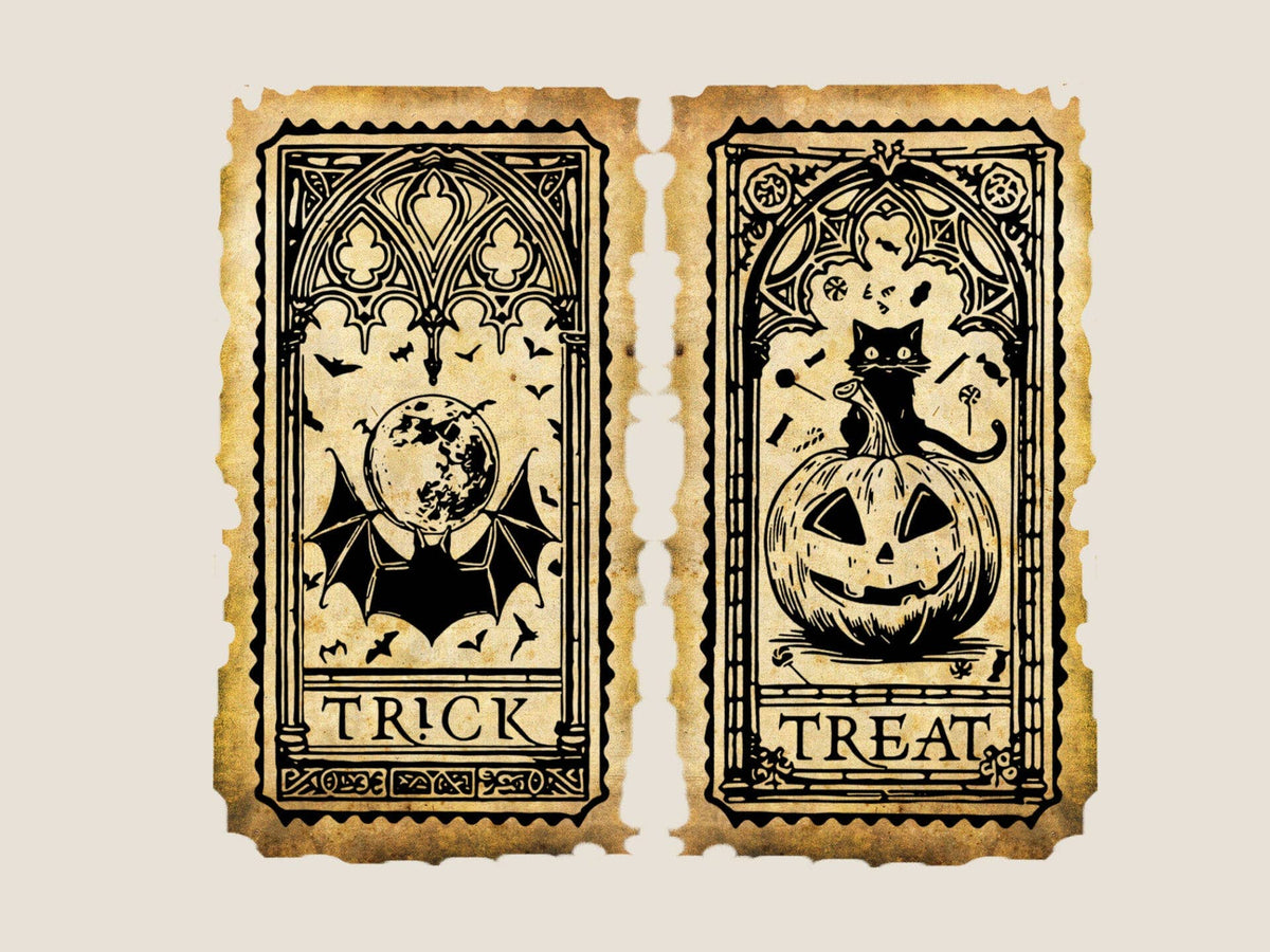 Pair of Halloween wooden stamps with cat, moon, and jack-o'-lantern