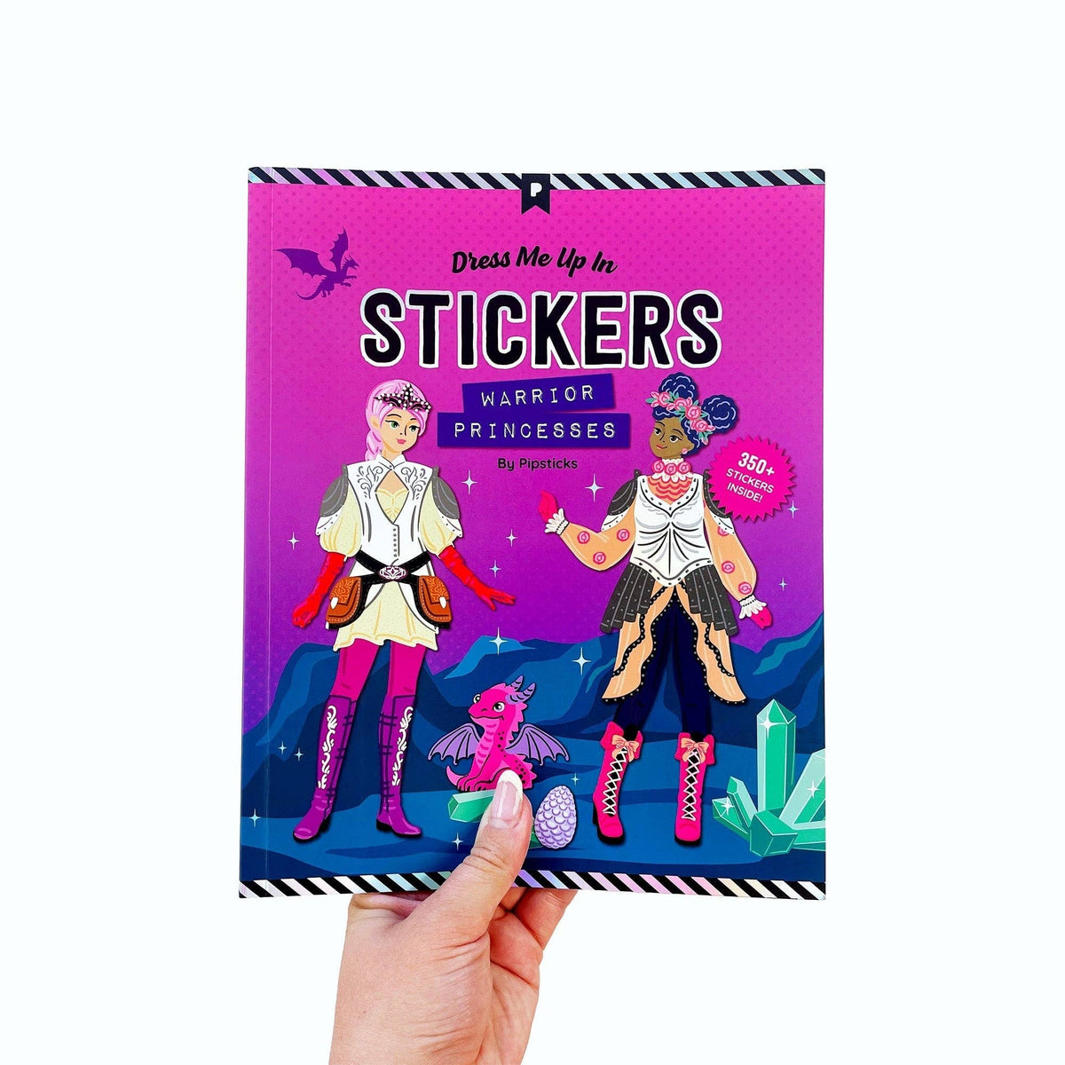 Kids sticker book cover for warrior princesses, pink with illustrated characters and title text.