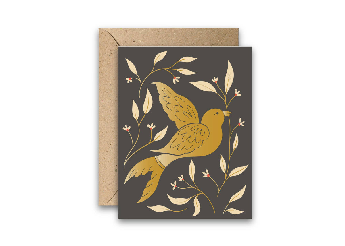 Greeting card with a gold foil dove and floral design, shown with a kraft envelope