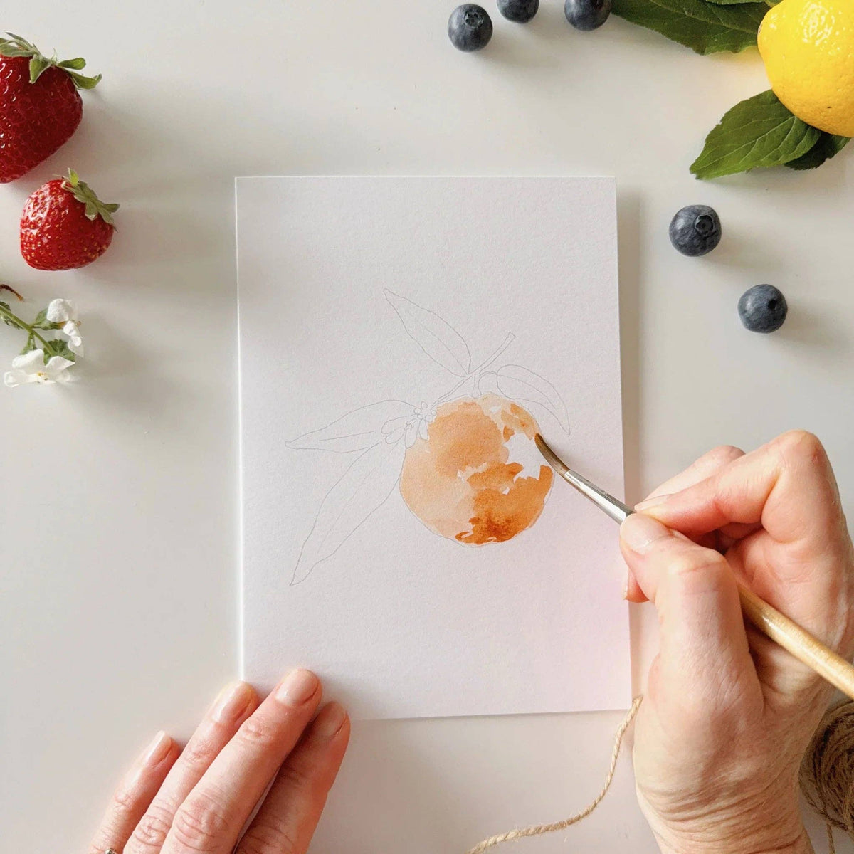 Paintable watercolor notecard with orange fruit watercolor; hand adding color with brush.