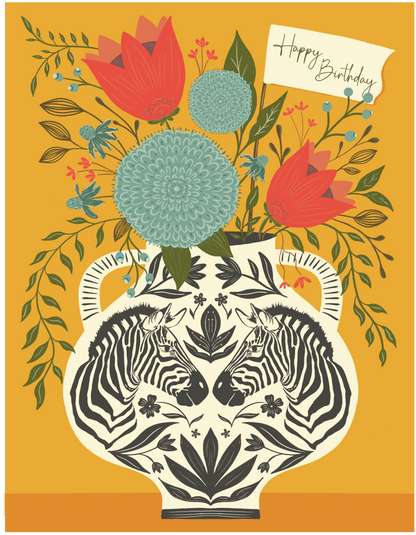 Birthday card featuring a black-and-white zebra vase, colorful flowers, and a birthday greeting