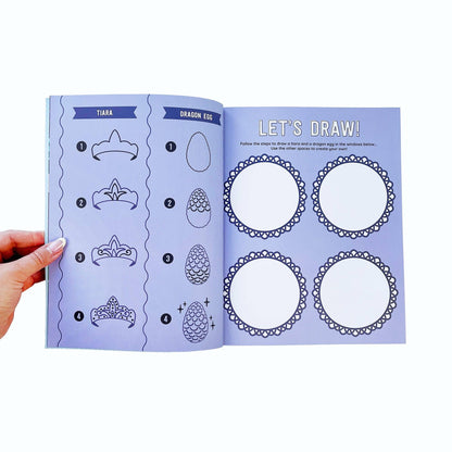 Sticker book 'Let’s Draw!' page with tiara and dragon egg outlines and four blank circles.