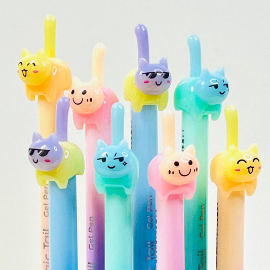 Colorful cat-tail gel pens with animal-head caps, assorted pastel blue, pink, yellow shades