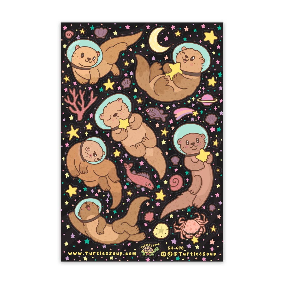 Space galaxy glitter sticker sheet with otter astronaut characters and stars