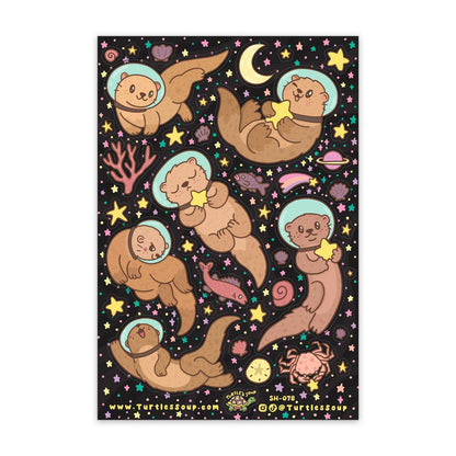 Space galaxy glitter sticker sheet with otter astronaut characters and stars