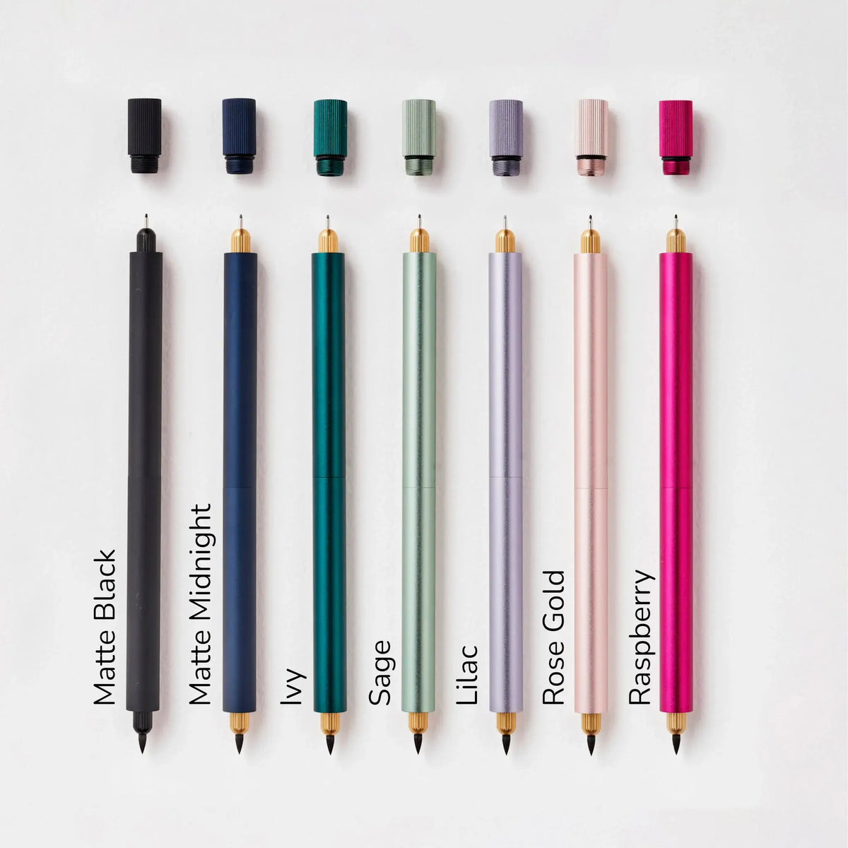 Set of refillable multi-tip pens in multiple colors with capped tips