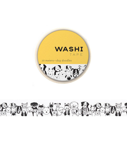 Dog doodles washi tape roll with cute dog illustrations, yellow top label