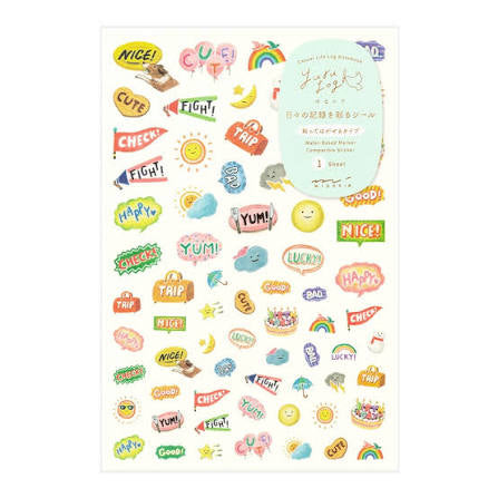 Sticker sheet with cute icons, words, rainbows, and smileys