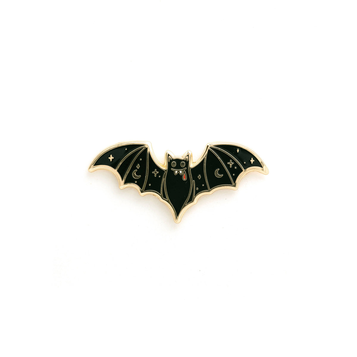 Vampire bat enamel lapel pin with black wings, gold border, small red eyes