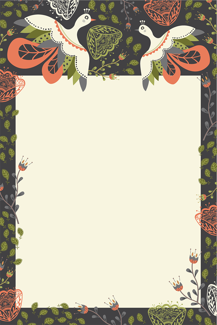 Notepad page with a blank cream center, floral border, and two bird illustrations