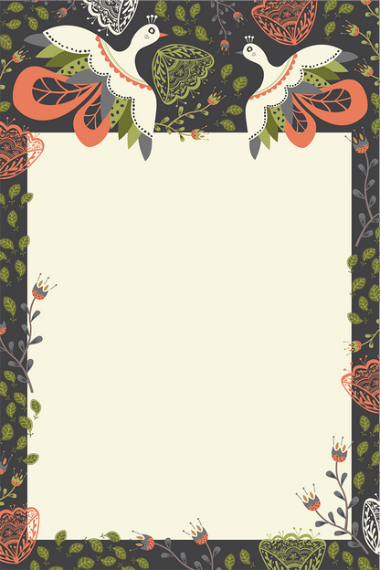 Notepad page with a blank cream center, floral border, and two bird illustrations
