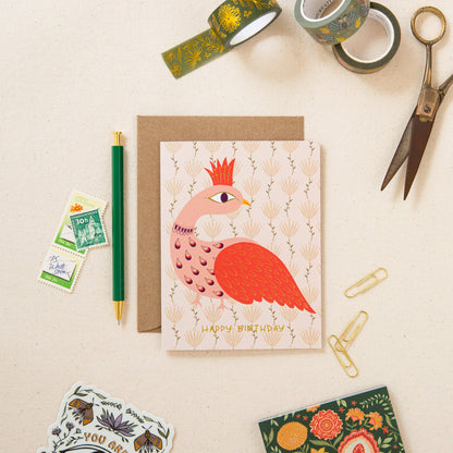 Peacock birthday greeting card with gold foil details and matching brown envelope