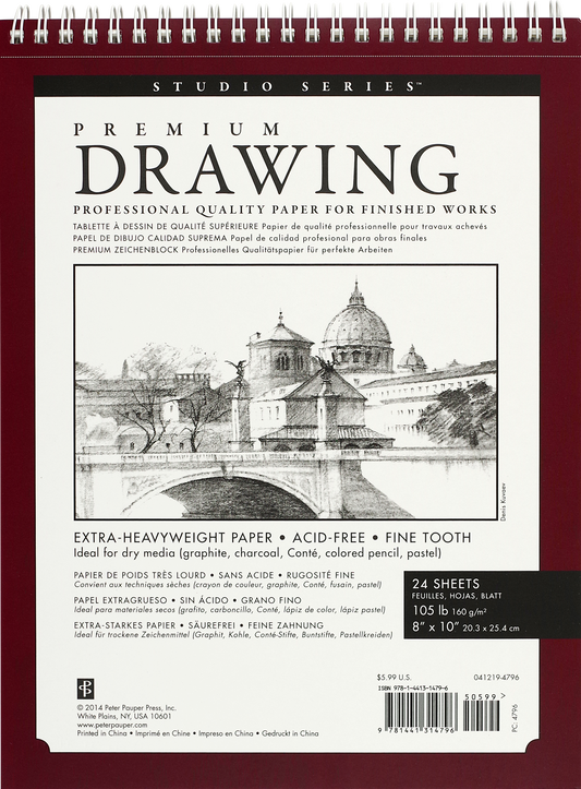 Spiral-bound drawing pad with fine-tooth acid-free paper, 8 x 10 inches