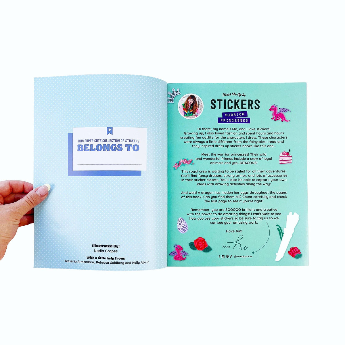 Sticker book interior spread with 'Belongs To' box and illustrated character stickers on pages.