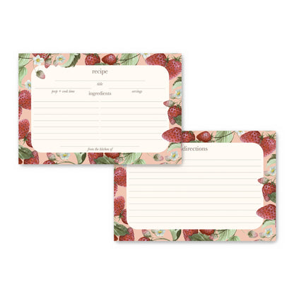 Set of watercolor strawberry and flower recipe cards, two cards with lined fields