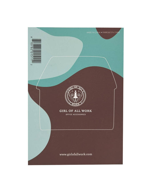 Die-cut sticky notes package back with barcode and Girl of All Work logo