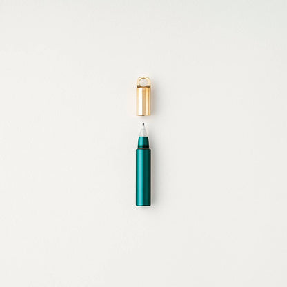 Refillable travel pen, teal barrel with gold clip and cap