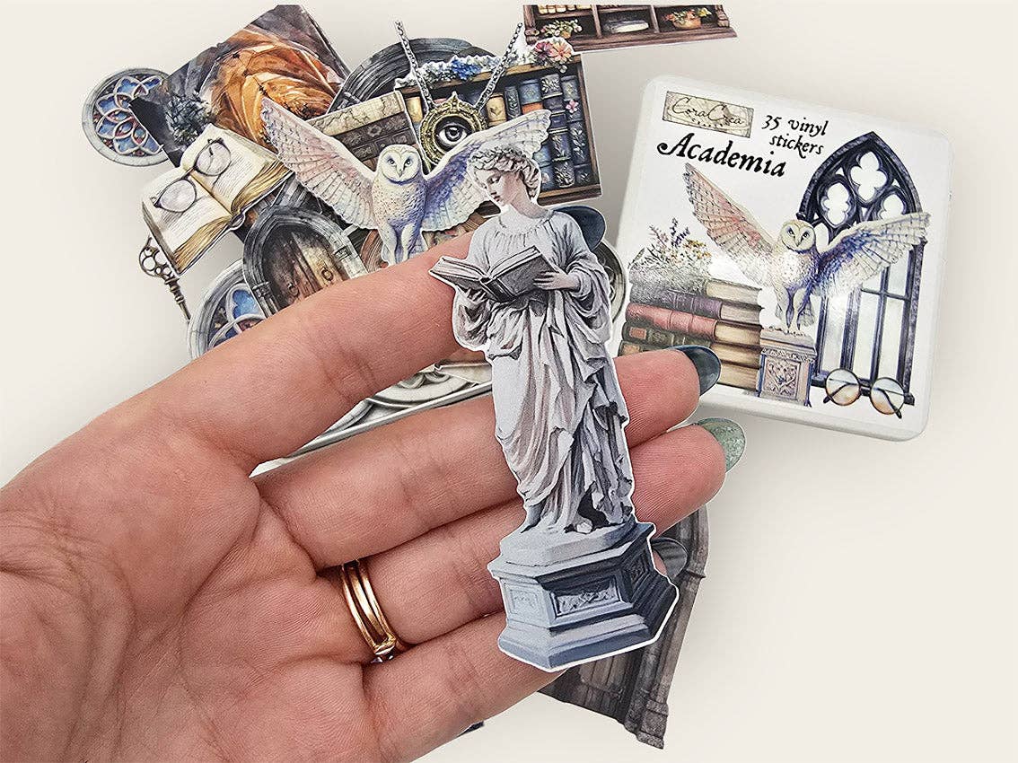 Academia sticker tin box sticker: white statue of a woman in classical robes