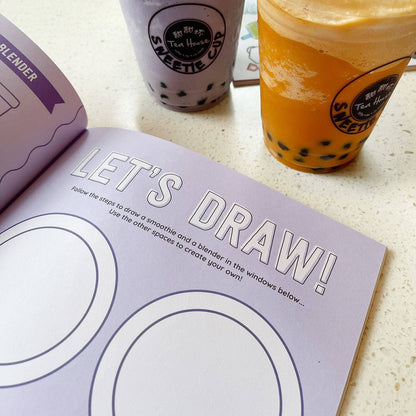 Food sticker book page with 'LET'S DRAW' instructions and large circular templates