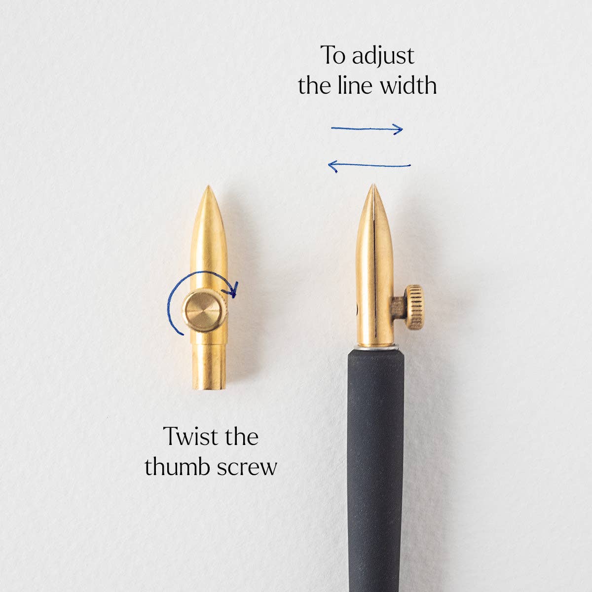 Gold dip pen with black handle, thumb screw, and adjustable line width nib