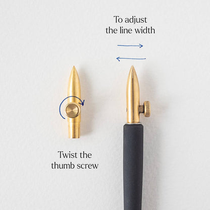 Gold dip pen with black handle, thumb screw, and adjustable line width nib