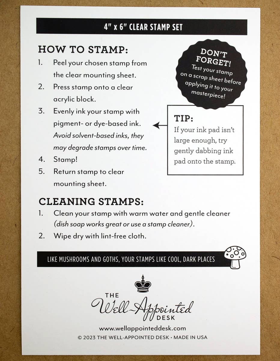Clear stamp set instruction card with how-to steps and cleaning tips.