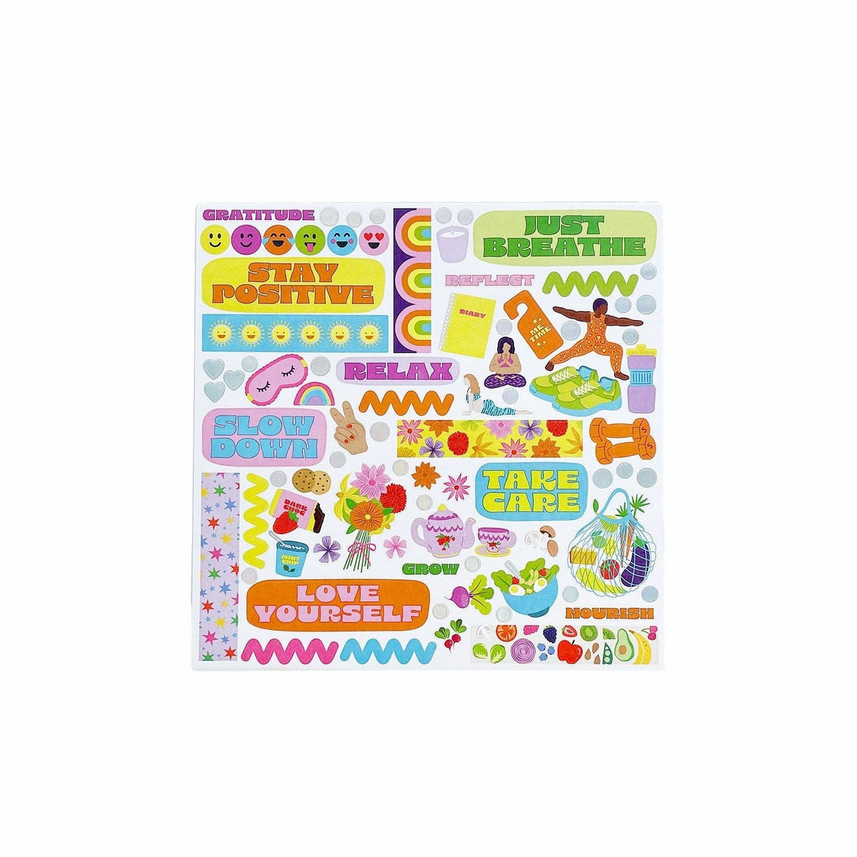 Colorful vision board sticker sheet with icons, quotes, and patterns