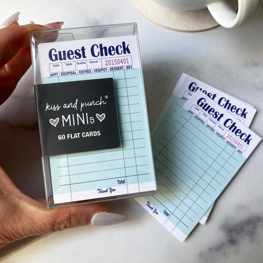 Guest check mini flat notecard set with clear box, kiss and punch Minis, 60 cards