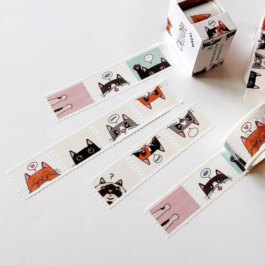 Cat stamp washi tape strips with cats, hearts, and fish icons in stitched panels