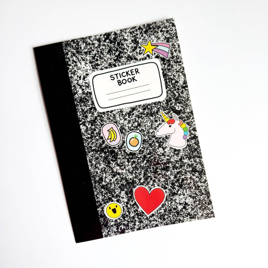 Sticker book with glitter speckled cover and assorted fruit, heart, and unicorn stickers