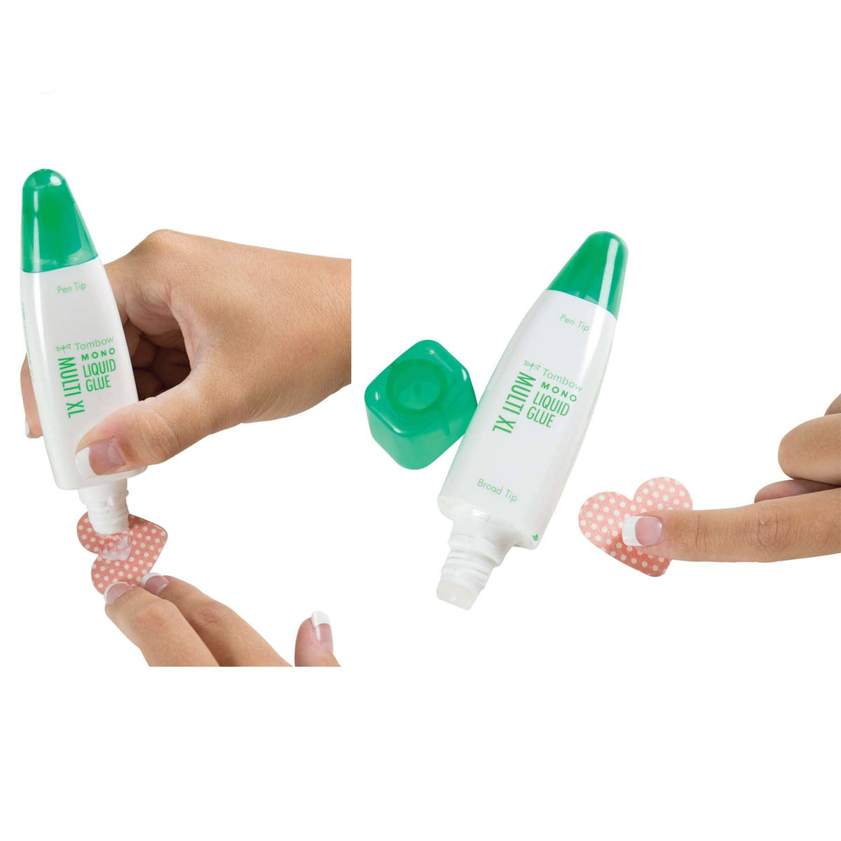 Hands applying dual-tip liquid glue to small craft pieces