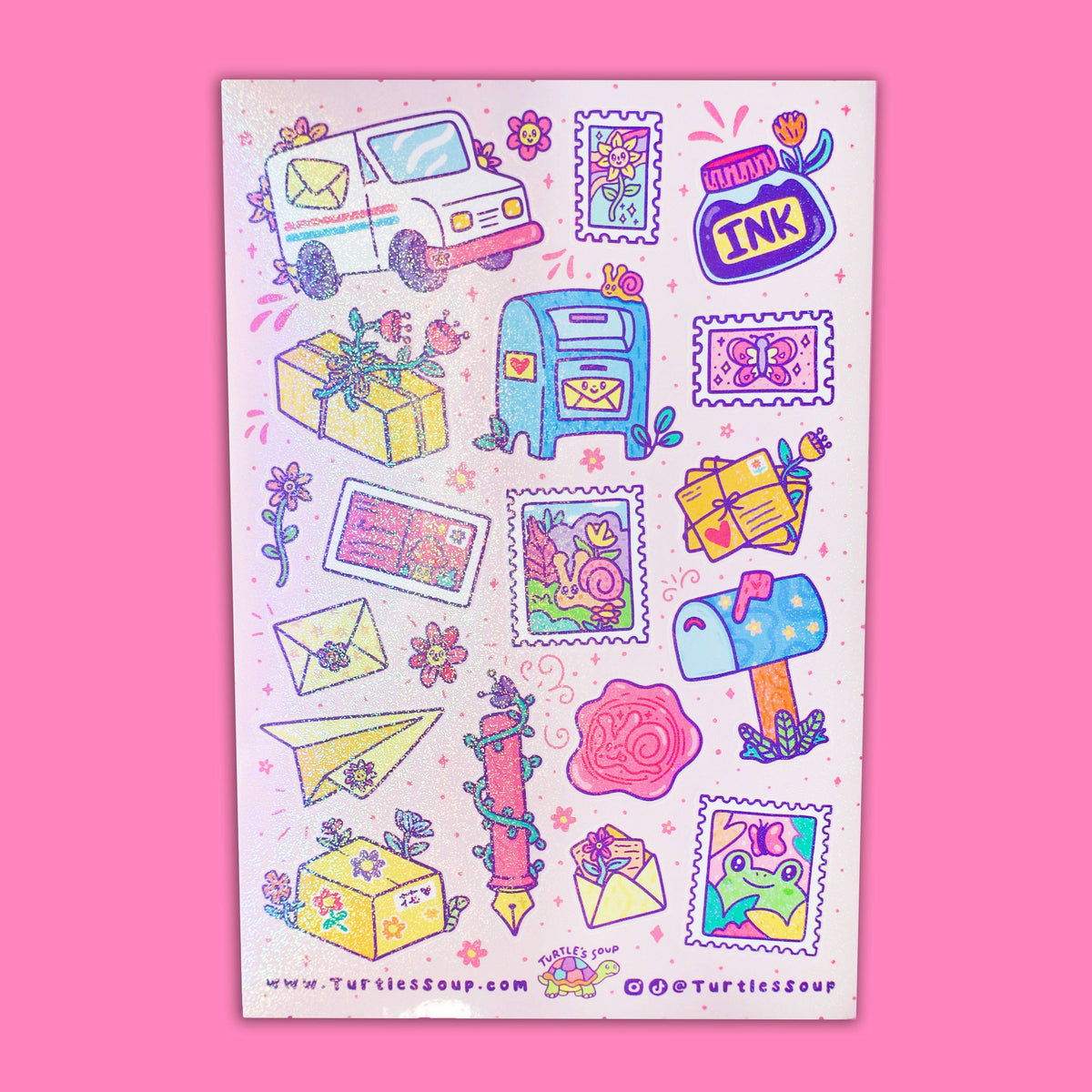 Glitter sticker sheet with colorful postage and stationery icons