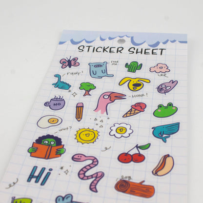 Clear sticker sheet with colorful cartoon animals, food, and text icons like “HI”