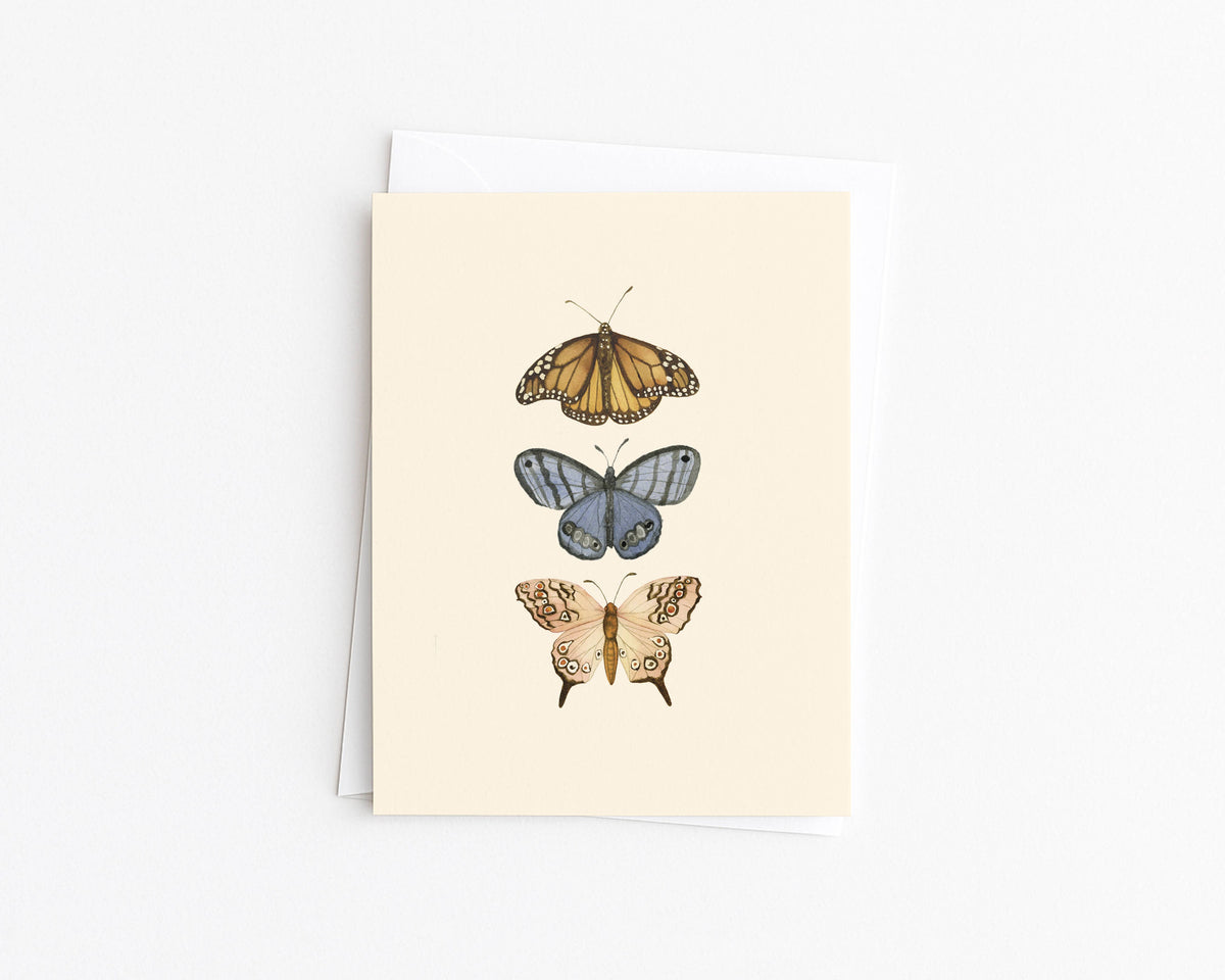 Butterflies all-occasion greeting card with three illustrated butterflies, blank inside