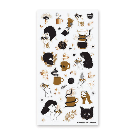 Coffee-and-skull sticker sheet with cups, silhouettes, and skull icons