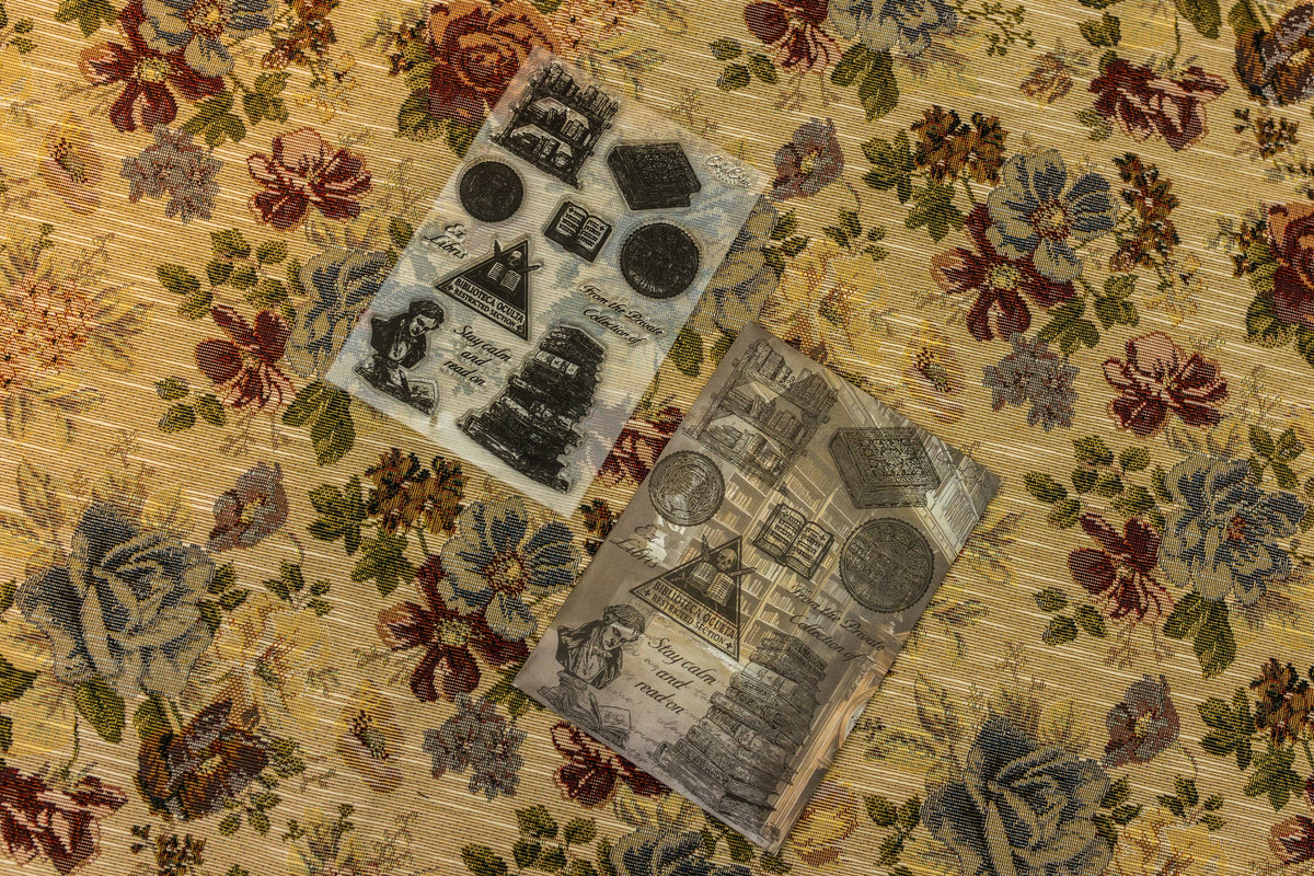 Clear stamp sheet with black-and-gray city buildings, circles, and small icons