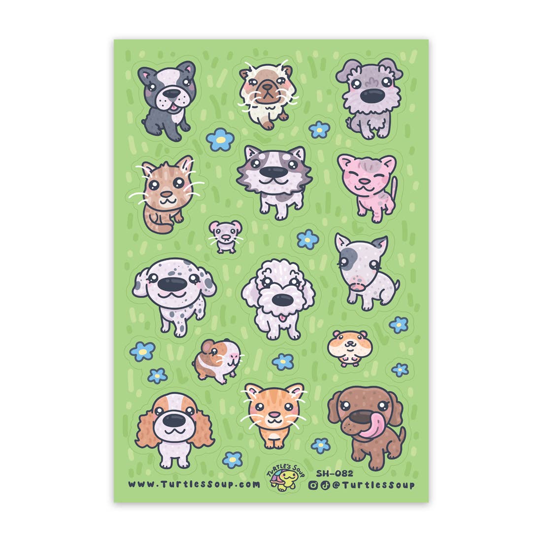 Cute animal sticker sheet with big-head pets and blue flower accents