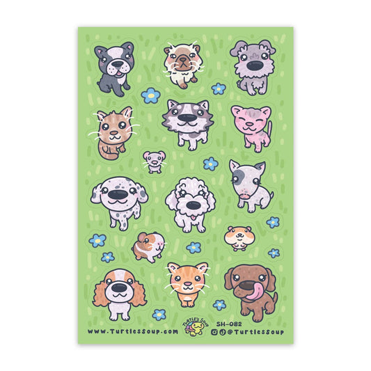 Cute animal sticker sheet with big-head pets and blue flower accents