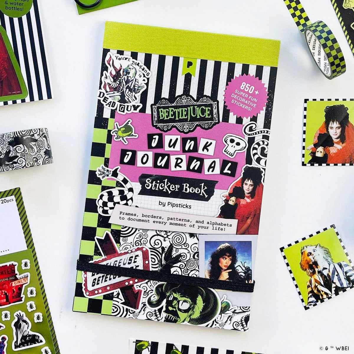 Beetlejuice Junk Journal sticker sheet cover art with “Junk Journal” text and character stickers