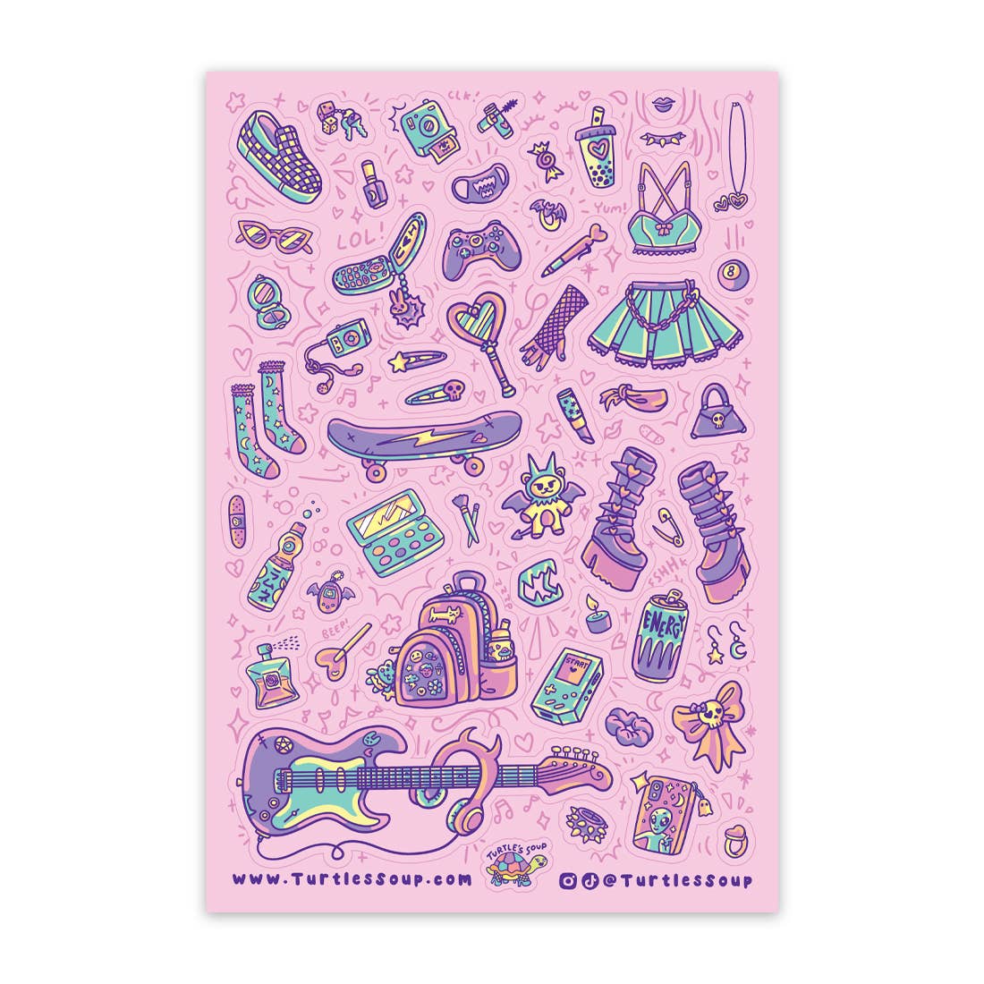 Pink sticker sheet with purple glitter-style fashion accessories and cute icons