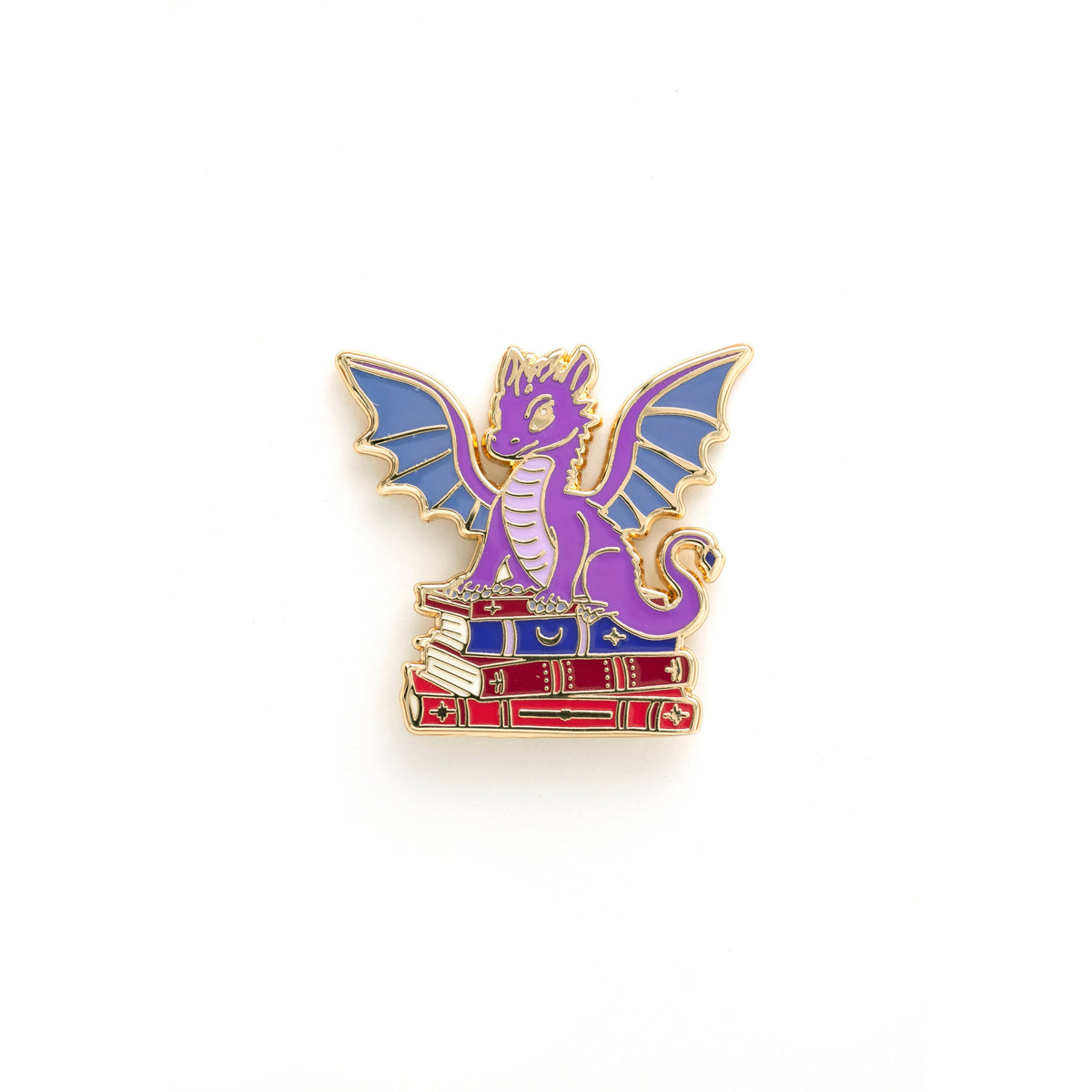 Purple winged dragon book enamel pin with gold outline and red book accents