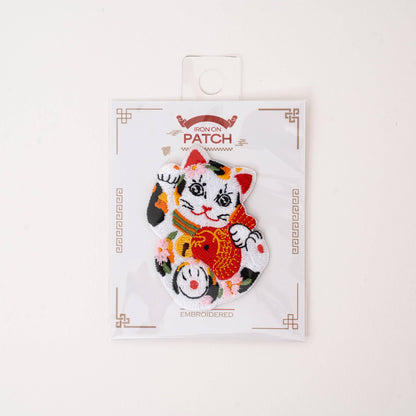 Embroidered Maneki Neko lucky cat iron-on patch with koi fish design