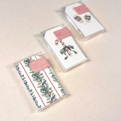 Packaged Christmas gift tag set with greenery and berries designs, includes two tags