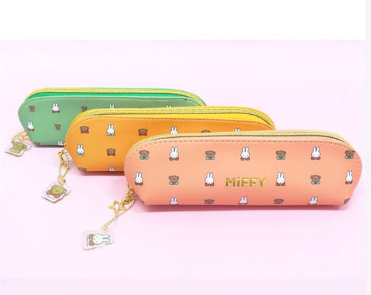 Peach pencil pouch with Miffy and bunny pattern, gold zipper and keychain