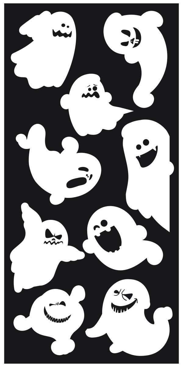 Sheet of white ghost stickers on black background, assorted ghost shapes