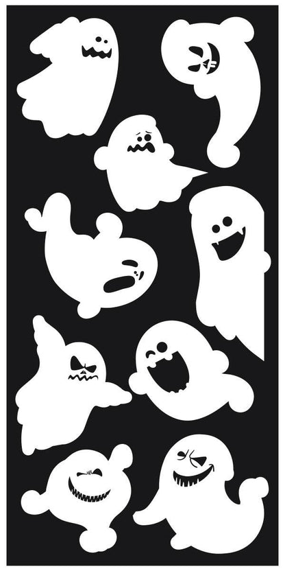 Sheet of white ghost stickers on black background, assorted ghost shapes